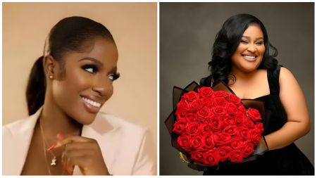 Chef Hilda Baci smiles warmly in a soft beige outfit, while her sister poses joyfully holding a bouquet of red roses in a studio portrait.