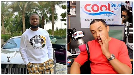 Hushpuppi poses beside a luxury Rolls-Royce in Dubai, wearing a white Burberry sweatshirt, while media personality Daddy Freeze speaks into a microphone during a live radio session at Cool FM Lagos.