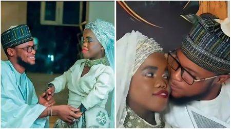 Side-by-side photos of Nigerian TikTok creators Idris Mai Wushirya and Basira Yar Guda dressed in traditional wedding attire. In the first image, Idris smiles and gently holds Basira’s hands while she looks at him affectionately. In the second, Idris leans in to kiss Basira’s cheek as she smiles softly, both wearing coordinated white and green outfits