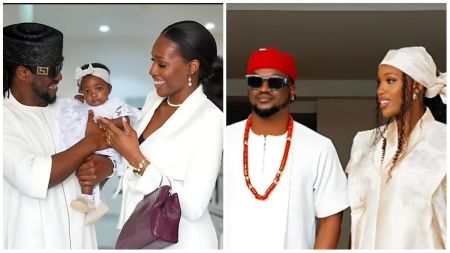 Nigerian singer Paul Okoye and his wife Ivy share heartwarming moments — one photo shows the couple smiling as they hold their baby dressed in white, and another captures them elegantly dressed in traditional white attire with red coral beads.