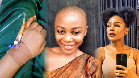 Collage showing Ifu Ennada’s recovery journey — her hand with a hospital IV drip, a smiling bald portrait after recovery, and an earlier mirror selfie before her illness.