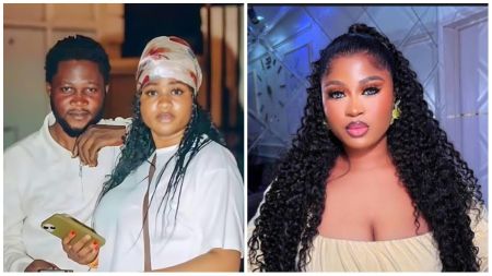 BBNaija Season 10 winner Imisi is pictured with her ex-boyfriend in a casual setting on the left, both dressed in white, while on the right she appears in a solo portrait wearing a cream off-shoulder outfit with curly hair and glam makeup.