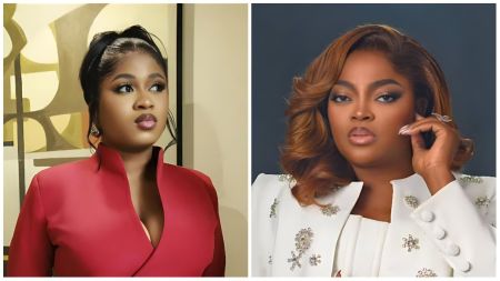 A collage showing Imisi and Funke Akindele. On the left, Imisi poses indoors in a red outfit with a high collar, her hair tied in a sleek ponytail. On the right, Funke Akindele wears a white embellished suit jacket, styled with wavy hair and subtle makeup.