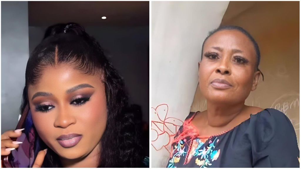 Side-by-side photo showing BBNaija Season 10 winner Imisi (left) in a glam close-up makeup look holding a phone, and her mother (right) wearing a black floral dress while standing by a wall.