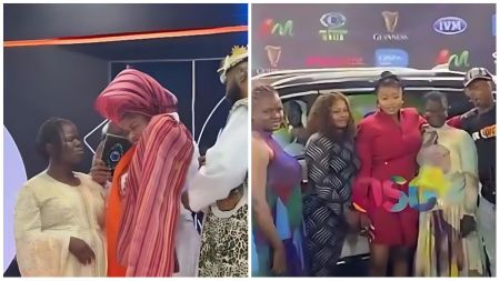 BBNaija Season 10 winner Imisi seen in two emotional moments with her mother — on the left, embracing her tearfully during the finale stage presentation, and on the right, posing with her family beside her new Innoson SUV after receiving the ₦80 million grand prize.
