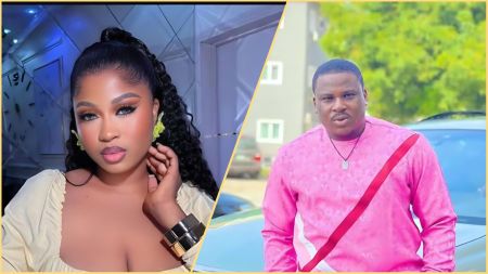 BBNaija winner Imisi and comedian Isbae U pictured separately. Imisi appears in a cream outfit with glam makeup against a reflective interior background, while Isbae U stands outdoors in a pink outfit near a parked car.