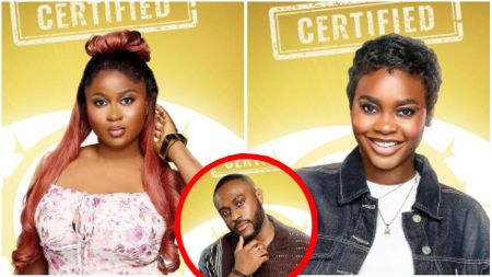 Side-by-side portraits of BBNaija Season 10 housemates: Left, Imisi in a floral outfit with long reddish hair. Right, Dede in a denim jacket smiling. Inset, Kola in a patterned shirt with his hand on his chin.