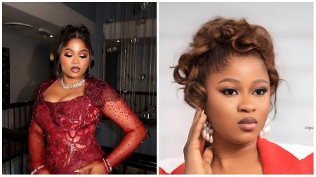 BBNaija Season 10 winner Imisi poses elegantly in a deep red beaded gown, while another portrait shows her looking radiant in a red and white outfit with pearl earrings and styled curls.