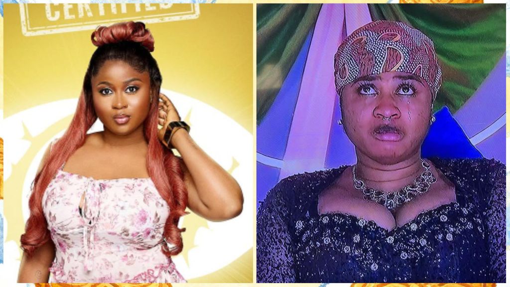 BBNaija housemate Imisi in two scenes — on the left, posing in a floral dress with styled red hair against her official show backdrop, and on the right, seen crying with tears streaming down her face while wearing a black sequin dress and headscarf.