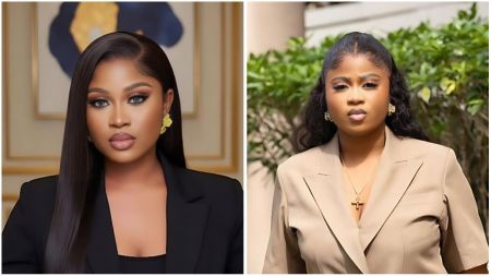 A collage showing BBNaija Season 10 winner Imisi in two elegant portraits. On the left, he wears a sleek black suit jacket, gold earrings, and subtle glam makeup, posing indoors against a framed art background. On the right, he appears outdoors in a beige blazer with a gold cross necklace, standing confidently in front of greenery.