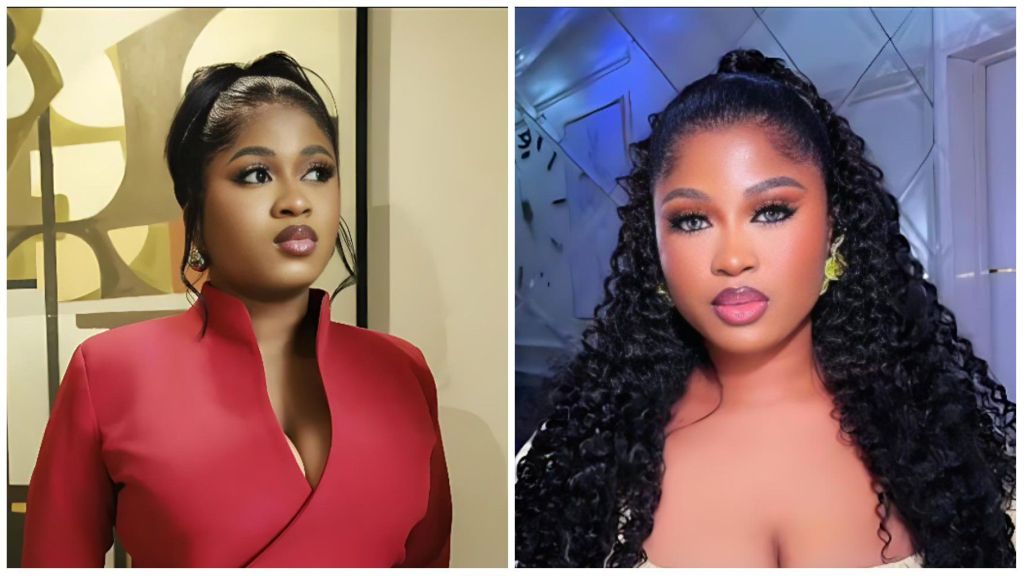 collage of BBNaija Season 10 winner Imisi. On the left, he poses in a red high-neck outfit with minimal jewellery, gazing thoughtfully to the side. On the right, he appears in a cream off-shoulder dress, wearing his hair in long curls and accessorised with yellow earrings, looking directly at the camera.