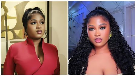 collage of BBNaija Season 10 winner Imisi. On the left, he poses in a red high-neck outfit with minimal jewellery, gazing thoughtfully to the side. On the right, he appears in a cream off-shoulder dress, wearing his hair in long curls and accessorised with yellow earrings, looking directly at the camera.