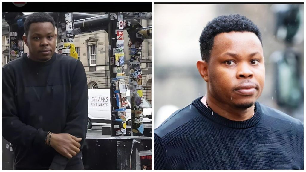 Innocent Megbolu, dressed in a dark sweatshirt, captured outdoors in two photos — on the left standing near a sticker-covered post in an urban setting, and on the right in a closer shot looking ahead with a neutral expression.