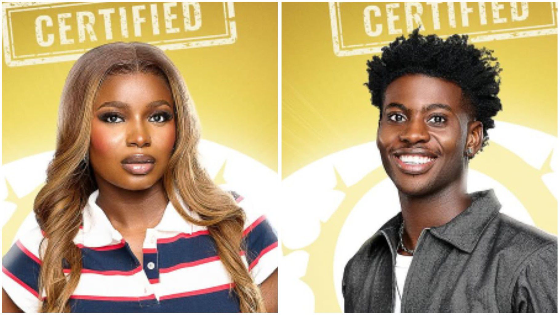 Side-by-side portraits of BBNaija housemates Isabella and Koyin. On the left, Isabella poses in a striped polo shirt with long, wavy, honey-blonde hair against a yellow “Certified” background. On the right, Koyin smiles brightly, dressed in a dark jacket over a white shirt, also set against the same yellow “Certified” backdrop.