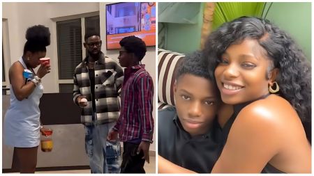 BBNaija housemate Isabella seen reuniting joyfully with her teenage son — in one photo, she shares a warm embrace with him, and in another, they are joined by a man during a casual indoor gathering.