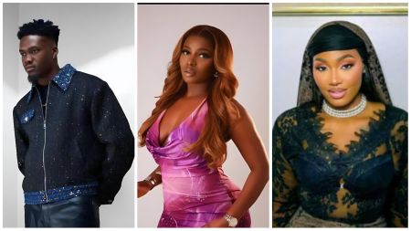 A collage featuring BBNaija Season 10 housemates Jason, Isabella, and Sultana. On the left, Jason poses in a dark glittering jacket with blue accents against a plain white background. In the middle, Isabella stands in a pink and purple dress with a plunging neckline, styled with soft wavy brown hair. On the right, Sultana wears a black lace outfit paired with layered pearl jewellery and a matching headscarf.