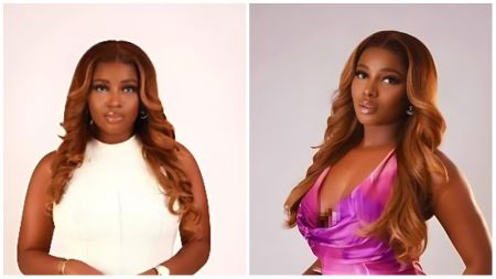 BBNaija star Isabella poses gracefully in two portraits — one wearing a sleeveless white outfit with soft waves cascading over her shoulders, and the other in a glamorous pink satin dress, exuding elegance and confidence against a plain background.