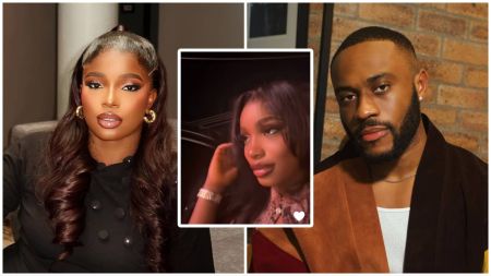 Collage showing BBNaija housemates Isabella and Kola. The left image features Isabella with wavy dark hair and gold earrings, the middle inset shows her smiling in a short video clip, and the right image shows Kola in a brown jacket posing against a brick wall.