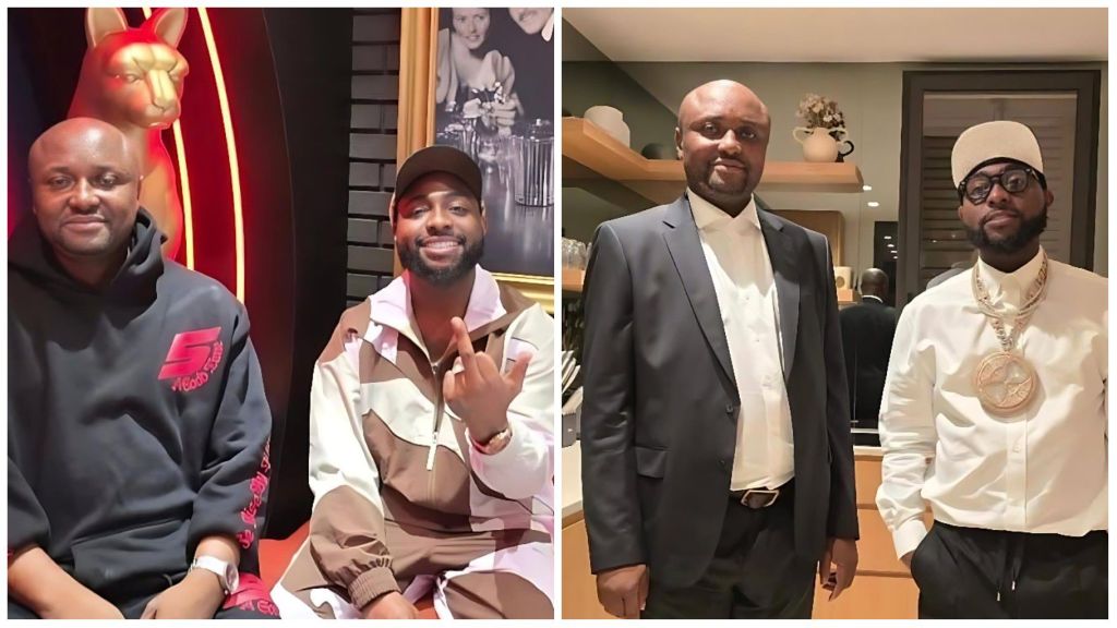 Davido and his aide Israel DMW pictured together in two settings — the first showing them casually dressed and smiling indoors beside a gold-toned décor, and the second in formal outfits, with Davido wearing a white cap and large pendant chain.