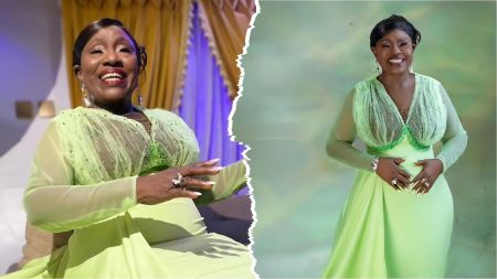 Veteran actress Iya Rainbow (Idowu Phillips) beams in joy while wearing a flowing light-green gown with sheer sleeves and beaded detail, posing in celebration of her 83rd birthday and 60 years on stage.