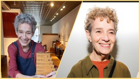 Split image showing artist Jackie Ferrara smiling. On the left, she stands in her studio holding a wooden sculpture; on the right, she poses at an event wearing a brown jacket and red top.