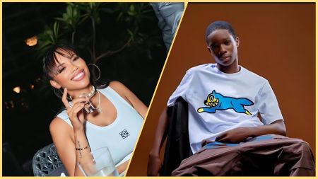 Jada P smiles while holding a perfume bottle beside a drink, and Boluwatife Balogun poses in a white graphic T-shirt against a brown background.