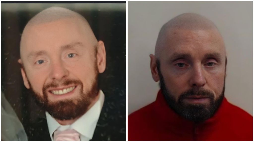 Side-by-side photos of James Clacher — on the left, he is smiling in a formal portrait; on the right, he appears in a mugshot with a serious expression.