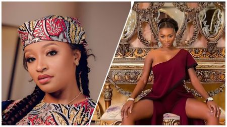 A side-by-side collage featuring Kayan Mata entrepreneur Jaruma. The left image shows her wearing a patterned headwrap and traditional attire with braided hair, while the right image captures her seated elegantly in a maroon off-shoulder outfit against an ornate gold interior.