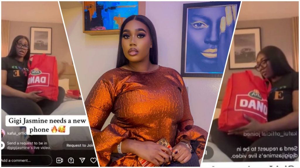 A collage featuring BBNaija star Gigi Jasmine in two settings: in the first and third frames, she is seated on a hotel bed during an Instagram Live session, holding a red Dano-branded gift bag and wearing a black T-shirt; in the middle frame, she poses indoors in a metallic rust-brown outfit with sleek straight hair and glam makeup, framed by modern wall art.