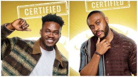 Side-by-side collage showing BBNaija housemates Jason and Kola — on the left, Jason smiles brightly while pointing toward himself in a striped jacket; on the right, Kola poses confidently in a brown patterned shirt against a yellow background with the word “Certified.”