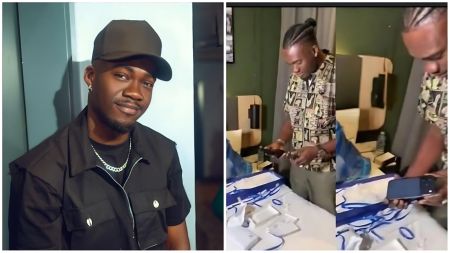 BBNaija star Jason Jae appears in two scenes — in one, he poses stylishly in a black cap and outfit, giving a confident smile; in the other, he is captured unwrapping a surprise gift, inspecting a brand-new iPhone presented to him by fans in a warmly lit room.
