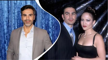 Ojani Noa and Jennifer Lopez pictured in a split-frame collage. The left side shows Ojani Noa in a beige suit before a blue curtain backdrop, while the right side shows a throwback photo of Noa and Lopez together at an event, both dressed formally