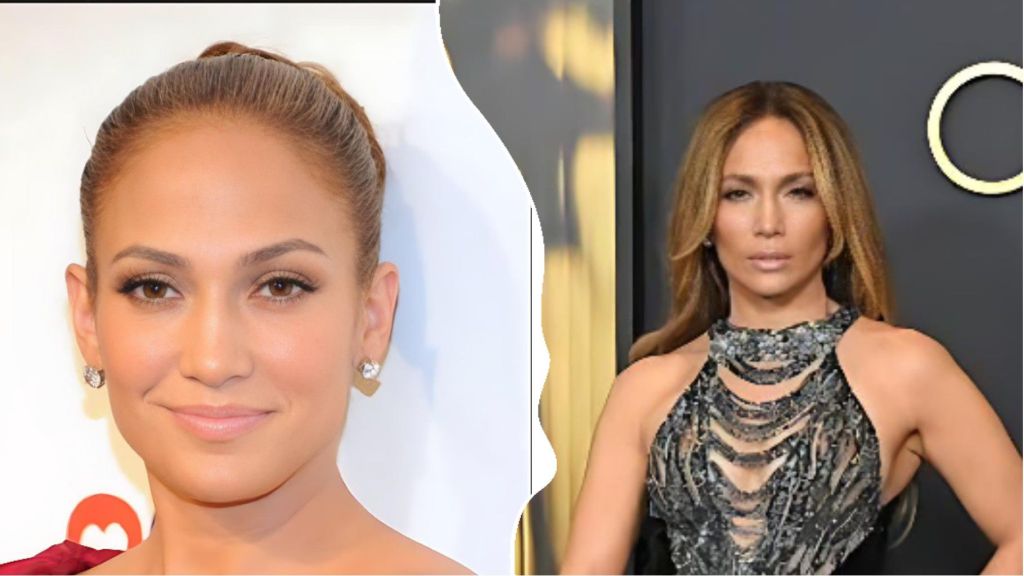 Side-by-side photos of Jennifer Lopez smiling at a red carpet event and posing in a shimmering silver dress at another appearance.