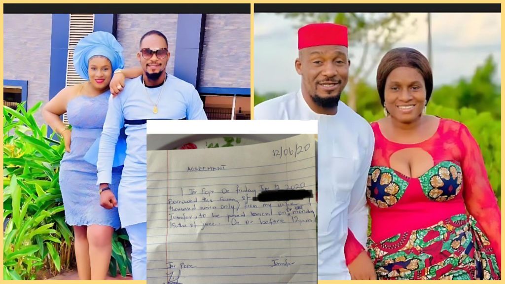 A collage showing late Nollywood actor Junior Pope Odonwodo and his wife, Jennifer Odonwodo, in different happy moments together. The centre image features a handwritten agreement note dated June 12, 2020, where Junior Pope acknowledged borrowing money from his wife.
