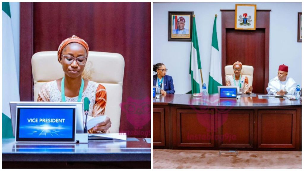 Side-by-side photos show Nigerian teenager Joy Ogah seated at the Vice President’s desk inside Aso Villa. In the first image, she reads from a paper with the “Vice President” nameplate in front of her. In the second, she sits between Vice President Kashim Shettima and PLAN International representatives during the symbolic “Vice President for a Day” event.