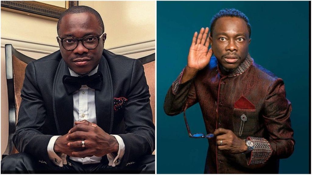 A collage of Nigerian comedian Julius Agwu. On the left, he sits wearing a black tuxedo with a bow tie, hands clasped and a confident look. On the right, he poses against a blue background in a patterned maroon outfit, holding his glasses and raising a hand to his ear in a playful gesture.