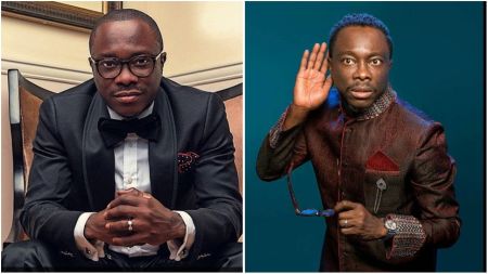 A collage of Nigerian comedian Julius Agwu. On the left, he sits wearing a black tuxedo with a bow tie, hands clasped and a confident look. On the right, he poses against a blue background in a patterned maroon outfit, holding his glasses and raising a hand to his ear in a playful gesture.