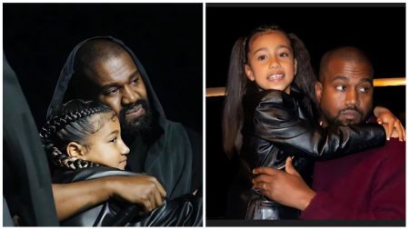 Side-by-side photos showing rapper Kanye West lovingly holding his daughter, North West. In the first image, Kanye gently embraces North, both dressed in black. In the second, North smiles brightly while being carried by her father, who looks on protectively.