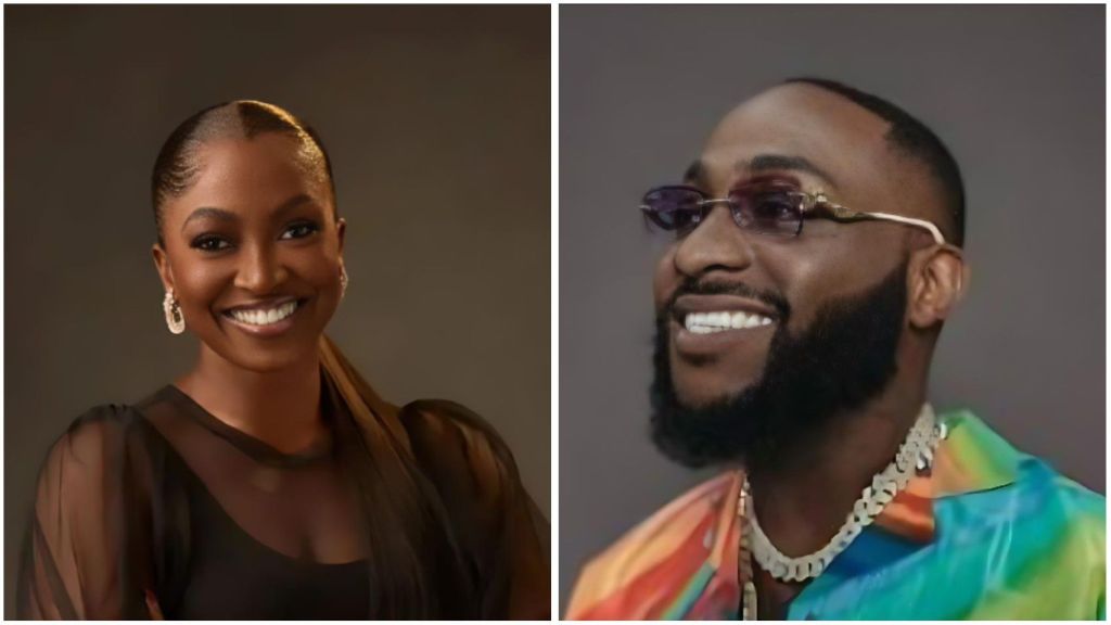 Side-by-side portrait of Nigerian actor Kate Henshaw smiling in a black outfit and singer Davido smiling in a multicoloured shirt and sunglasses.