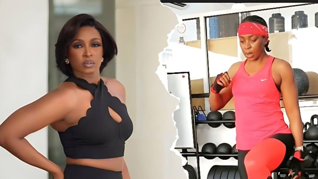 Nigerian actress Kate Henshaw poses in a black sleeveless outfit beside a split image of herself in a red gym outfit during a workout session.