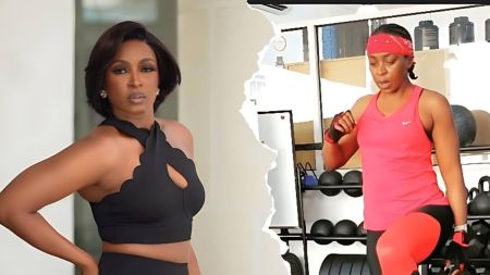 Nigerian actress Kate Henshaw poses in a black sleeveless outfit beside a split image of herself in a red gym outfit during a workout session.