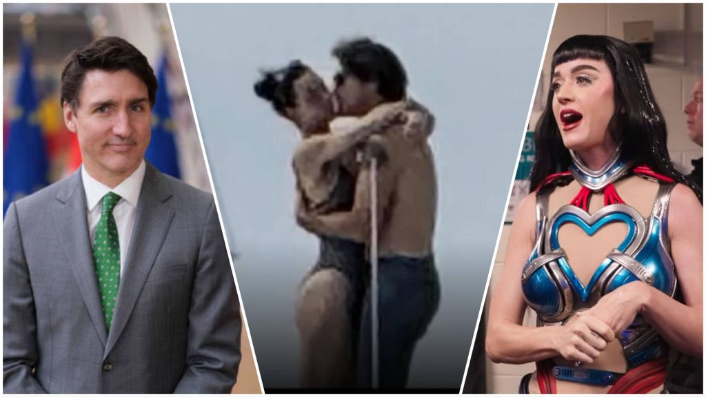 Collage showing former Canadian Prime Minister Justin Trudeau, a blurred shot of a man and woman kissing on a yacht, and singer Katy Perry dressed in a metallic blue and red outfit.