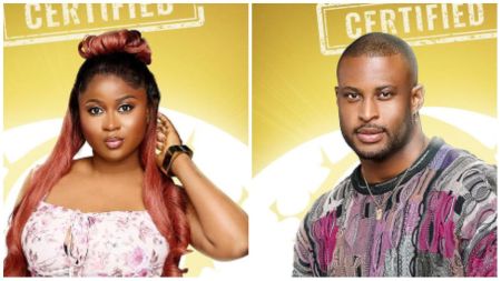 BBNaija Season 10 housemates Kaybobo and Imisi pose for their official portraits against a gold background with the “Certified” stamp displayed above them.