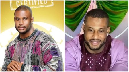 BBNaija housemate Kaybobo pictured in two moments — on the left in his official Big Brother Naija portrait wearing a multicoloured patterned sweater, and on the right smiling while dressed in a traditional outfit during a diary session.