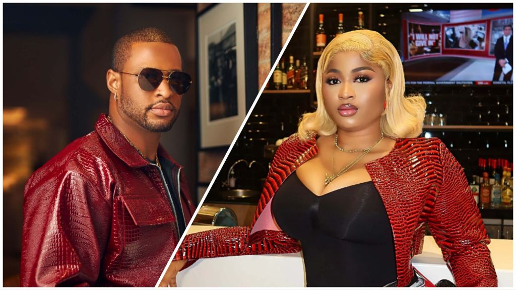 BBNaija’s Kaybobo and Imisi pose separately in matching red leather outfits, both looking stylish and confident.