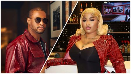 BBNaija’s Kaybobo and Imisi pose separately in matching red leather outfits, both looking stylish and confident.