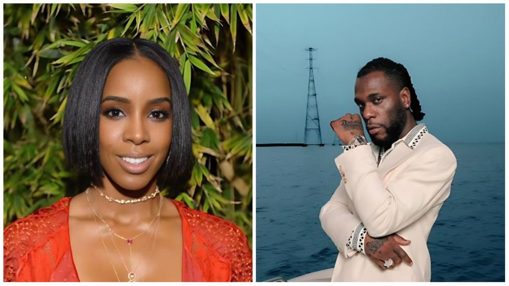 Side-by-side photos of Kelly Rowland and Burna Boy — Rowland smiles in a red outfit before green foliage, while Burna Boy poses in a cream suit against a blue sea backdrop.