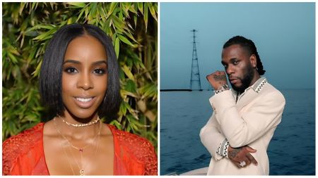 Side-by-side photos of Kelly Rowland and Burna Boy — Rowland smiles in a red outfit before green foliage, while Burna Boy poses in a cream suit against a blue sea backdrop.