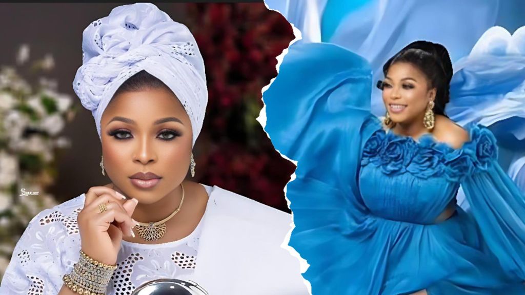 Nollywood actress Kemi Afolabi is seen in two stunning portraits — one shows her in an elegant white lace attire with a matching headwrap and gold accessories, while the other captures her in a flowing blue gown with floral detailing, smiling radiantly against a studio backdrop.