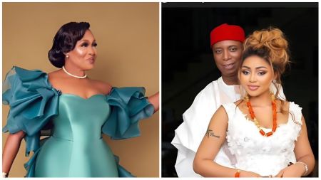 Split image showing Nigerian journalist Kemi Olunloyo on the left wearing a teal off-shoulder gown, and businessman-politician Ned Nwoko with his actress wife Regina Daniels on the right in traditional attire.